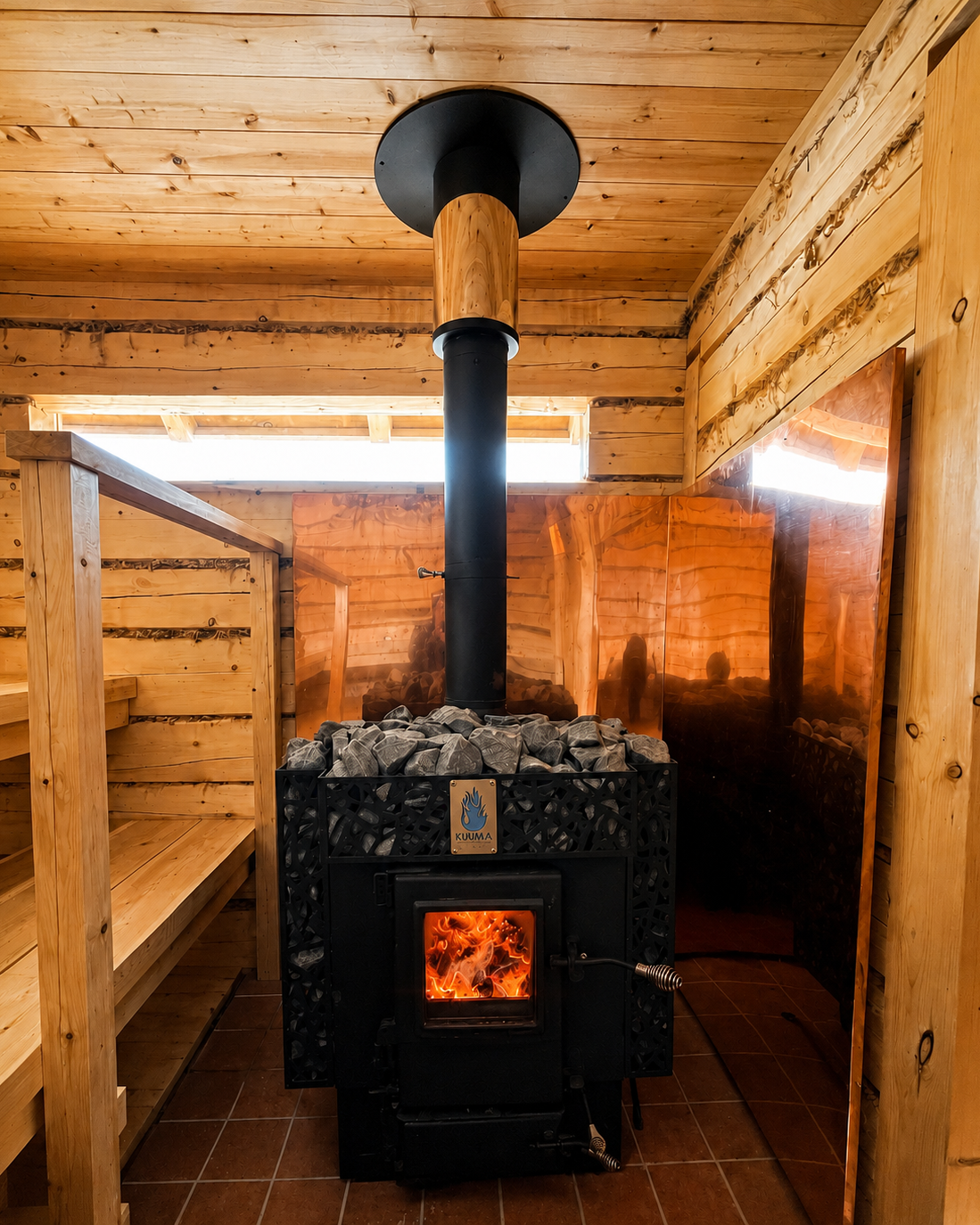 Kuuma BluFlame wood sauna stove installed in a sauna with stone mass and visible fire